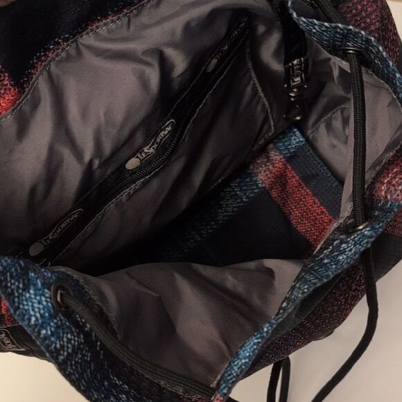 Lesportsac Checkered Plaid Small Backpack Black Red Cinch Bag Pockets Flap